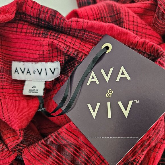 Ava & Viv Womens Red & Black Plaid Button-Down Shirt Size 2X Chest Pockets Cozy - Picture 9 of 10
